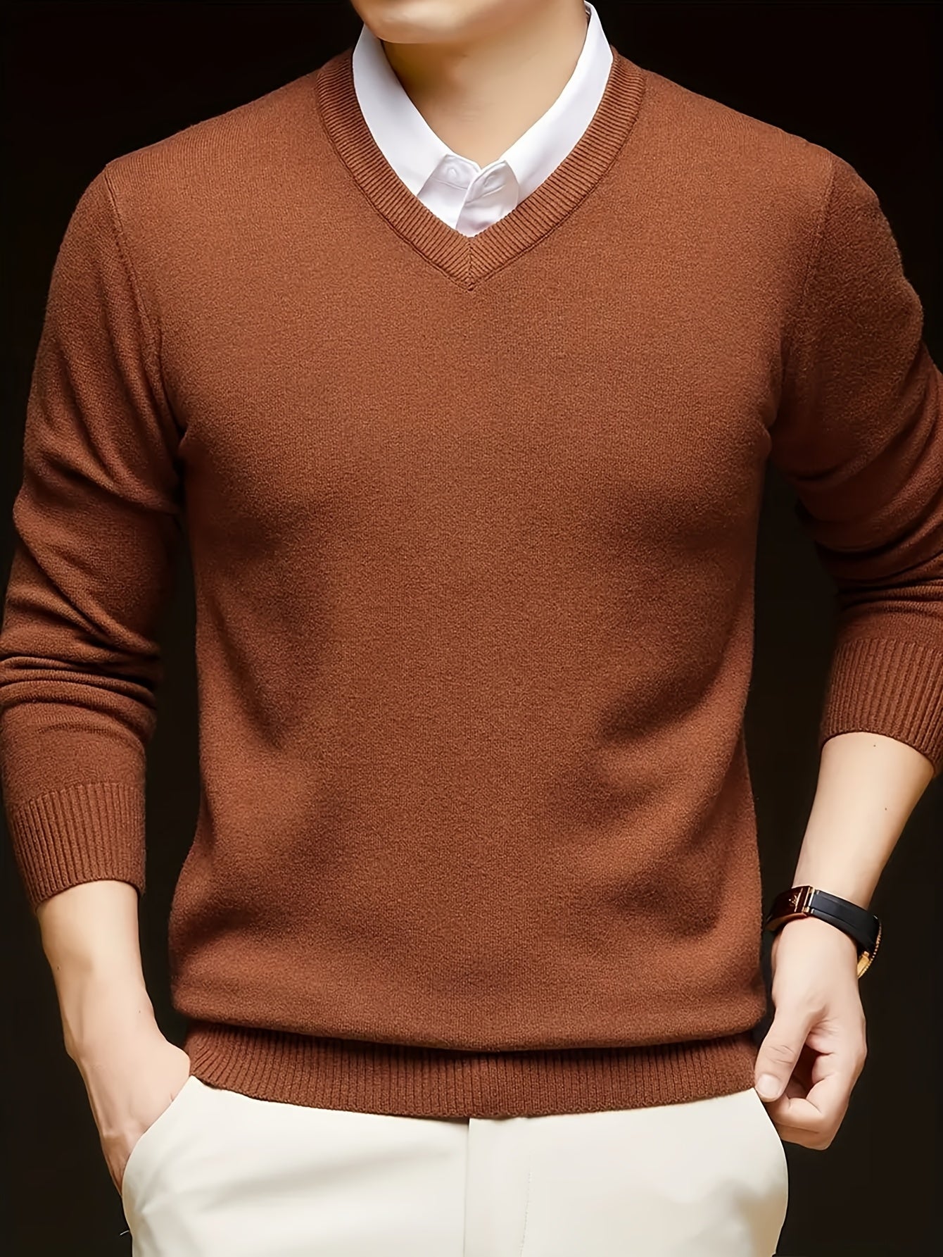 V-Neck Pullover Sweater – Long Sleeve Stretch Knit Regular Fit