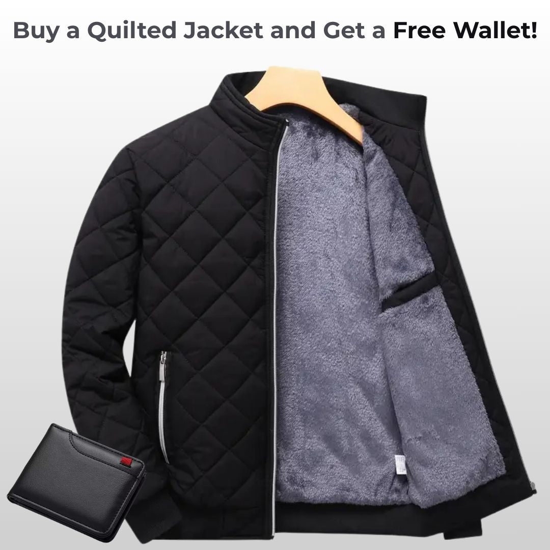 Men’s Quilted Jacket – Warm Fleece-Lined Zip-Up with Pockets + Free Wallet