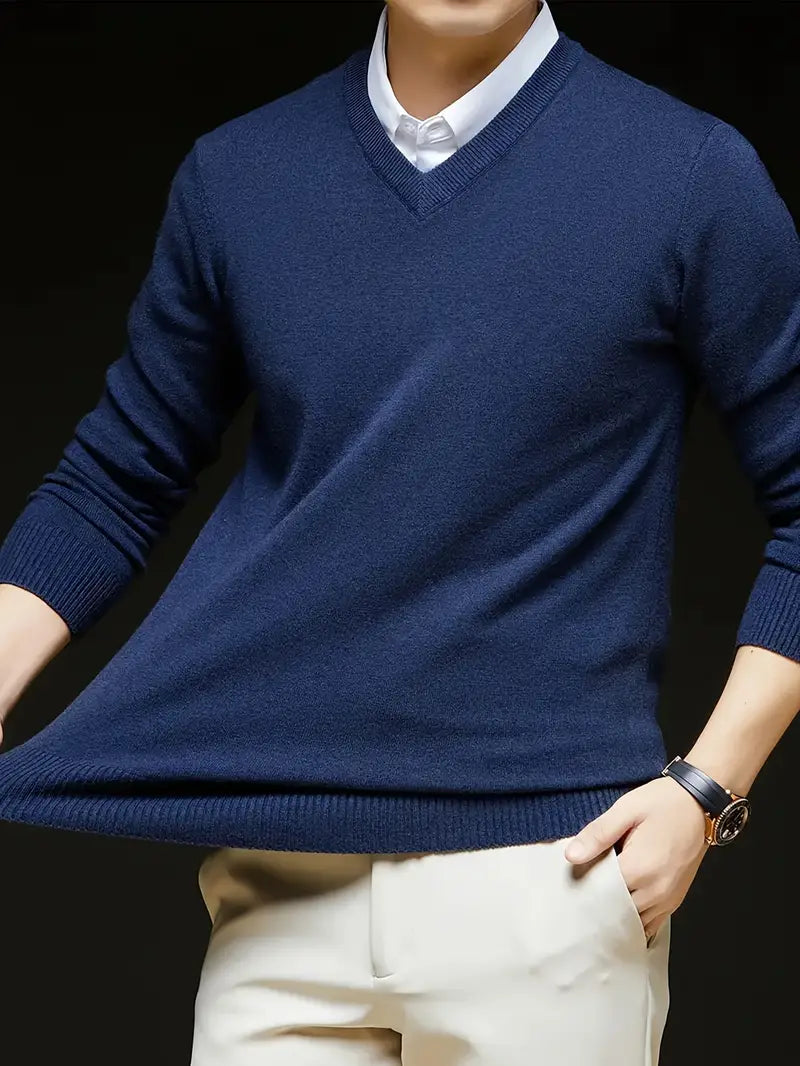 V-Neck Pullover Sweater – Long Sleeve Stretch Knit Regular Fit