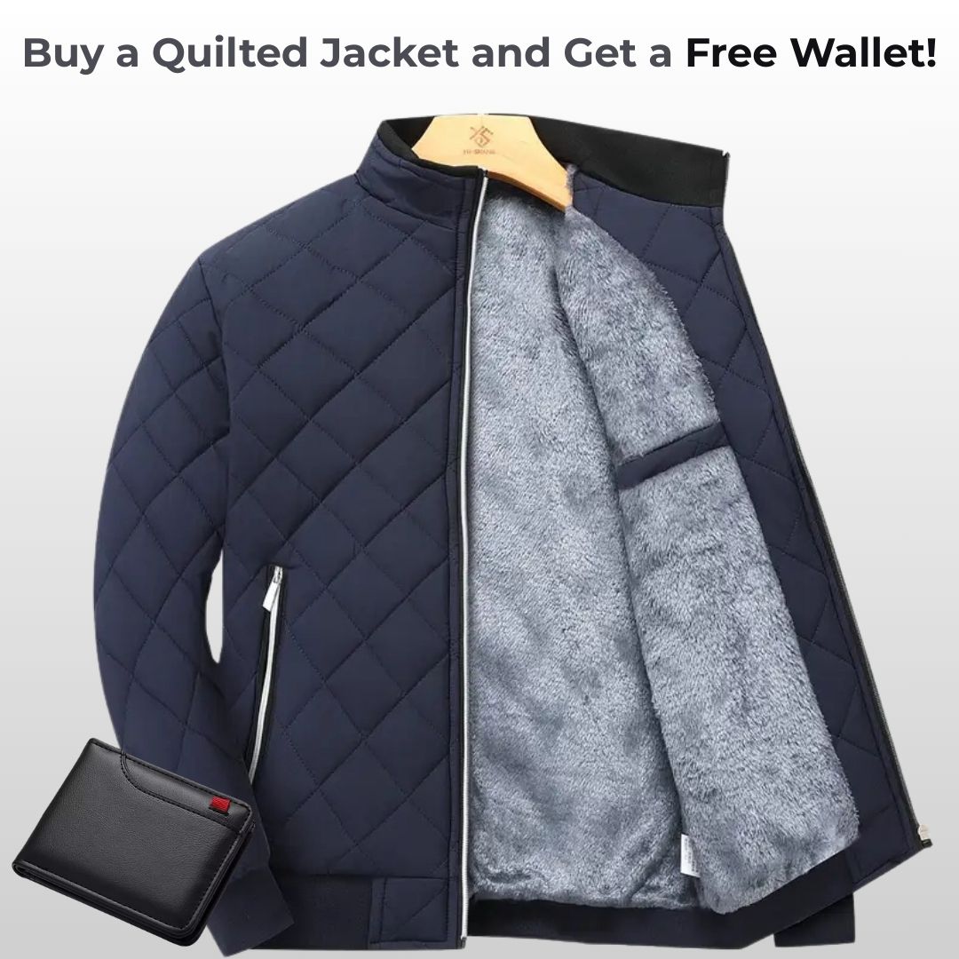 Men’s Quilted Jacket – Warm Fleece-Lined Zip-Up with Pockets + Free Wallet