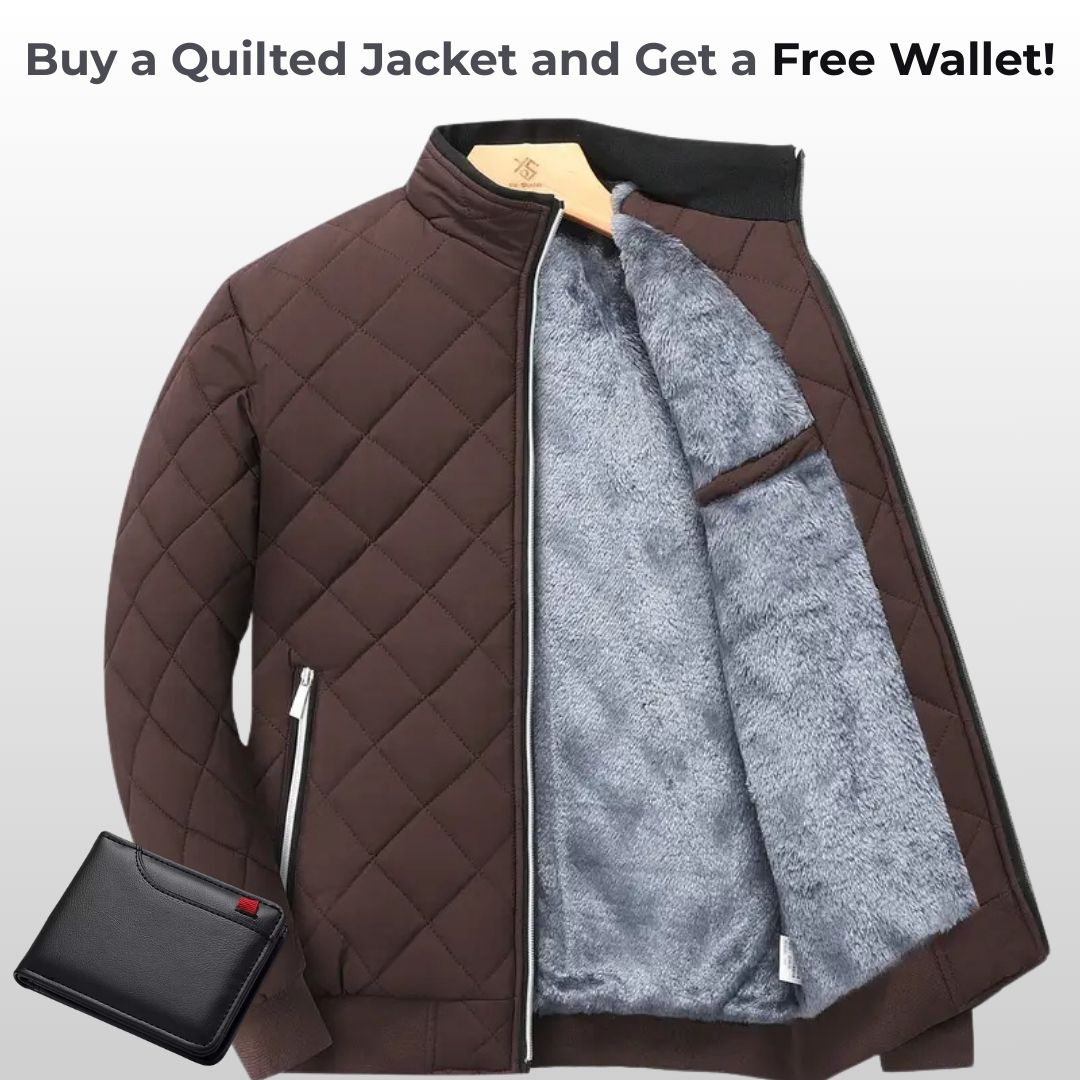 Men’s Quilted Jacket – Warm Fleece-Lined Zip-Up with Pockets + Free Wallet