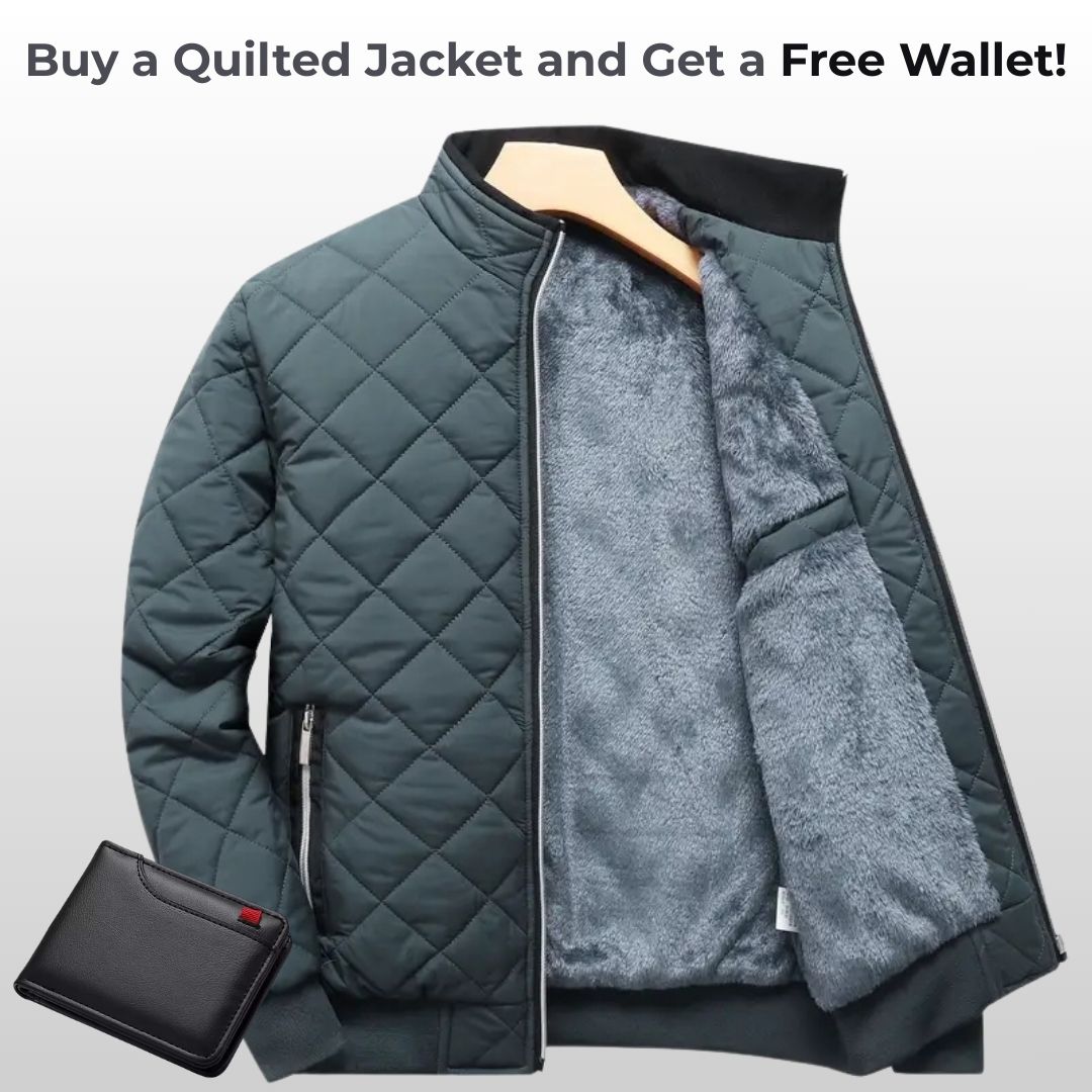 Men’s Quilted Jacket – Warm Fleece-Lined Zip-Up with Pockets + Free Wallet