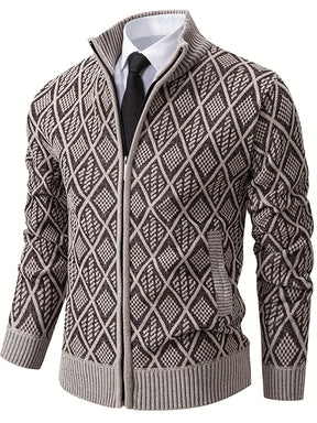 Knitted Stand Collar Cardigan – Casual Rhombus Sweater