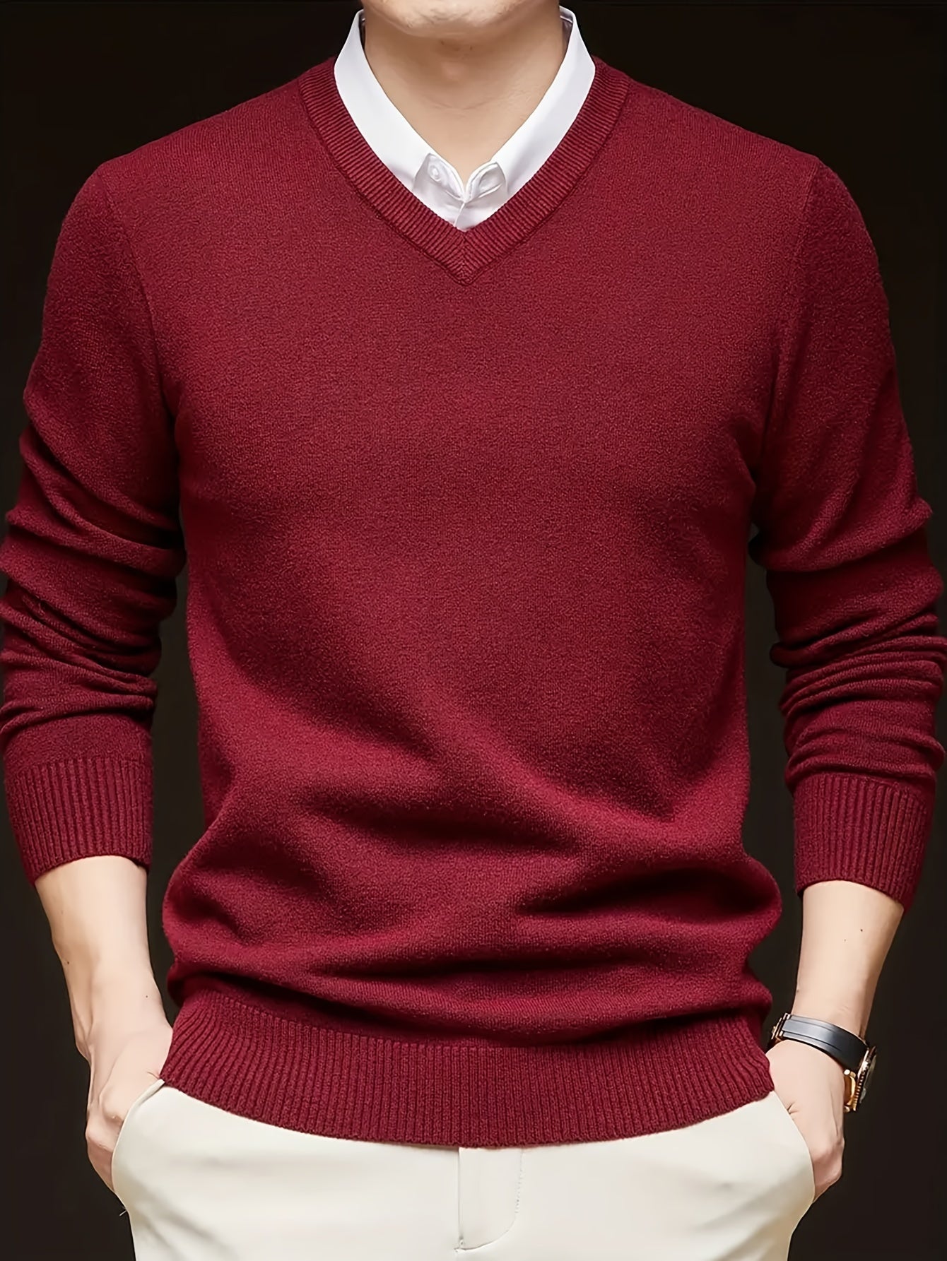 V-Neck Pullover Sweater – Long Sleeve Stretch Knit Regular Fit