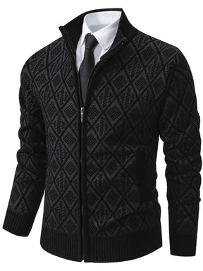 Knitted Stand Collar Cardigan – Casual Rhombus Sweater