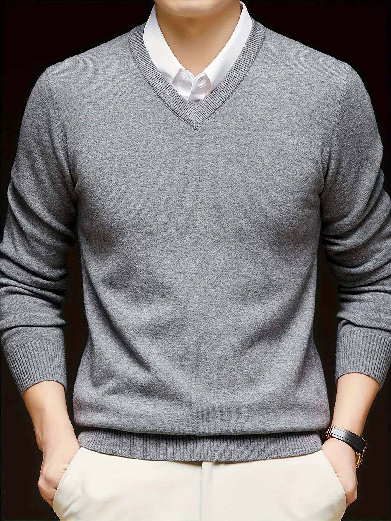 V-Neck Pullover Sweater – Long Sleeve Stretch Knit Regular Fit